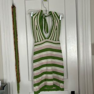 Pink and green halter crochet dress